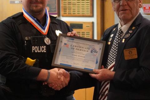 Earlier this year we brought you the story of Central City Police Department officer Grady Wranek (left) whose quick thinking and heroic actions saved the life of a Central City youth. Officer Wranek was fittingly honored by the Grand Island Elks Lodge 604 this past Saturday where William Koller presented him with a special medal and certificate. (R-N Photo and Story by Jacob Kennedy)